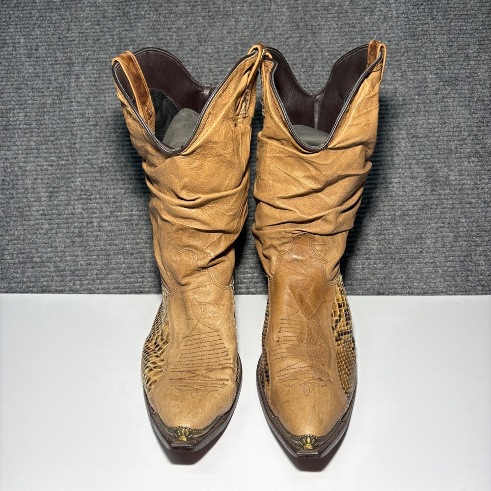 Dingo Mens Vintage Snakeskin Western Cowboy Boots Tan Leather Slouch 12 D 1711